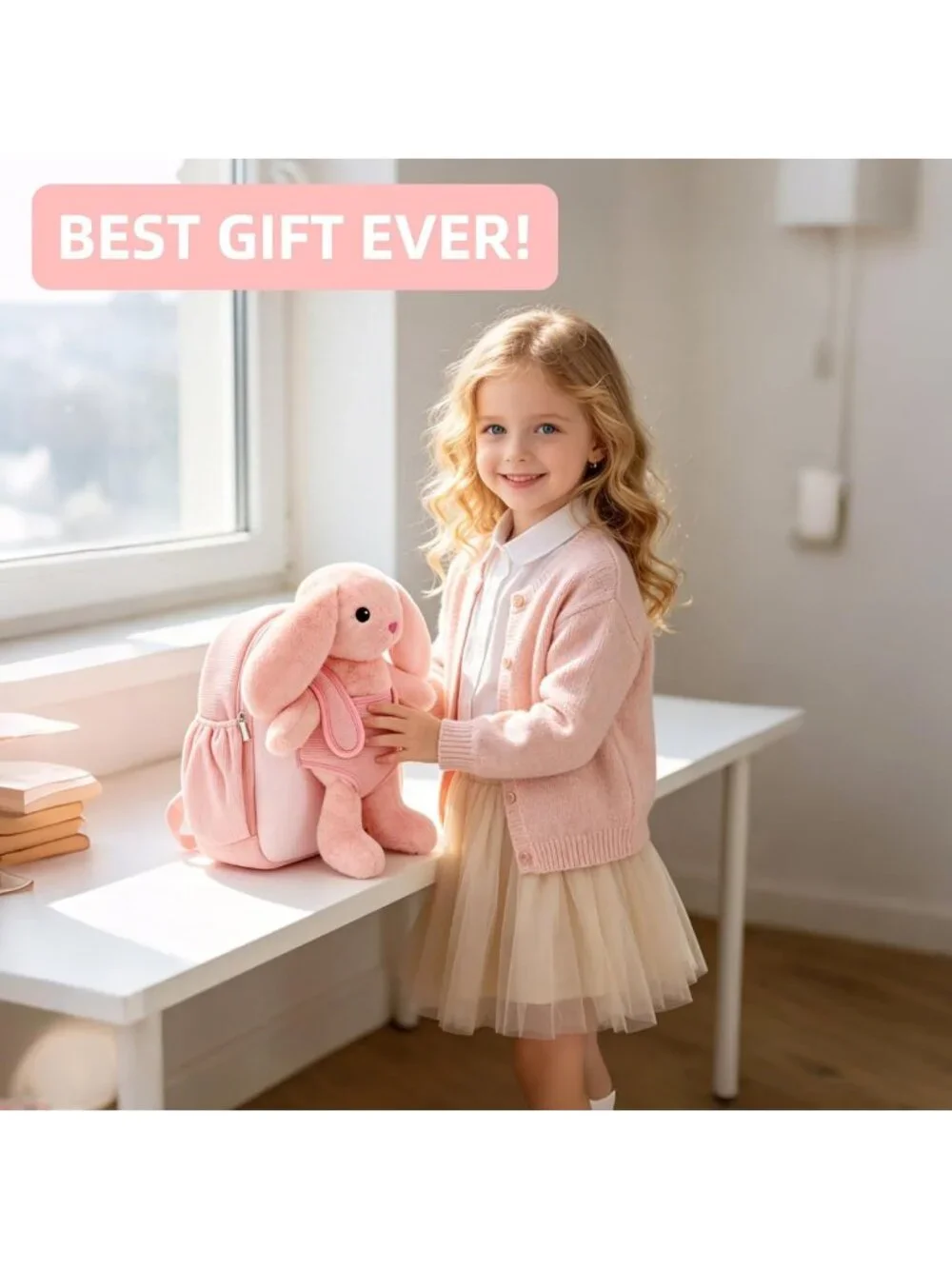 Soft Pink Bunny Toddler Backpack with Removable Plush Cuddle Buddy, Perfect Gift